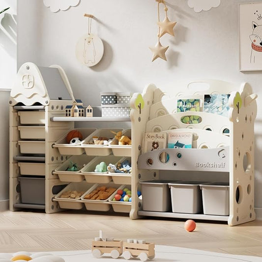 Kids Toy Storage Organizer with 17 Removable Bins, 4-Tier Bookshelf for Kids, Multi-Purpose Castle-Shaped Toy Organizer for Playroom, Bedroom, Nursery, Living Room (Beige)