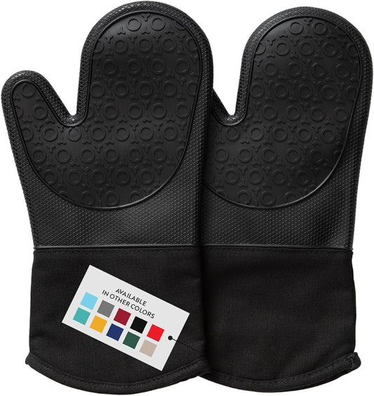 BPA-Free Silicone Oven Mitts Ultra Heat Resistant up to 500°F - Oven Mitts with Thick Cotton Liner - Long Slip Resistant Pot Holders, Flexible Oven Gloves - Black 13.7"