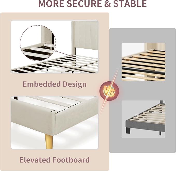Queen Size Upholstered Platform Bed Frame with Modern Wingback & Vertical Panel Headboard, Linen Fabric, Wooden Legs & Slats Support, No Box Spring Needed, Noise-Free & Easy Assembly, Beige