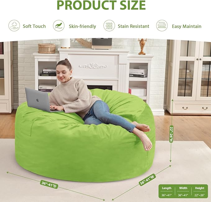 3FT Bean Bag Chair, Comfy Bean Bag Chairs with Memory Foam Filled, Fluffy Beanbag Sofa with Dutch Velvet Cover, Round BeanBag Chairs for Living Room, Playroom - Lime
