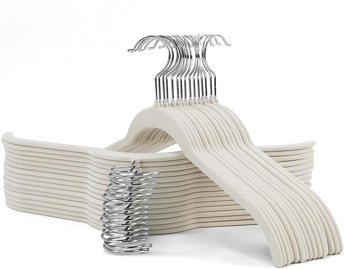30 Pack Velvet Hangers for Clothes – Non-Slip Slim Flocked Shirt Hangers with 360° Swivel Hook, Space-Saving Felt Hanger for Coats, Sweaters, Tops, Blouses(Beige)