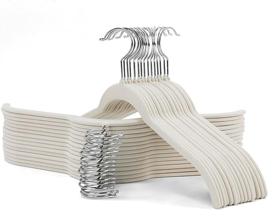30 Pack Velvet Hangers for Clothes – Non-Slip Slim Flocked Shirt Hangers with 360° Swivel Hook, Space-Saving Felt Hanger for Coats, Sweaters, Tops, Blouses(Beige)
