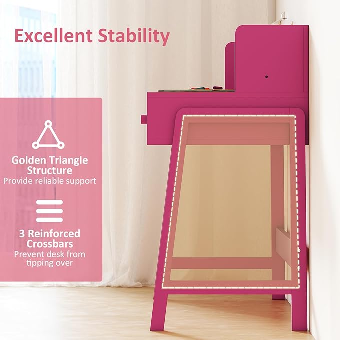 INFANS Table and Chair Set, Toddler Wooden Student Study Desk with Chair Storage Hutch Compartments Drawers for Writing Drawing, Children Furniture for Bedroom School Boys Girls 3+ Years Old (Pink)