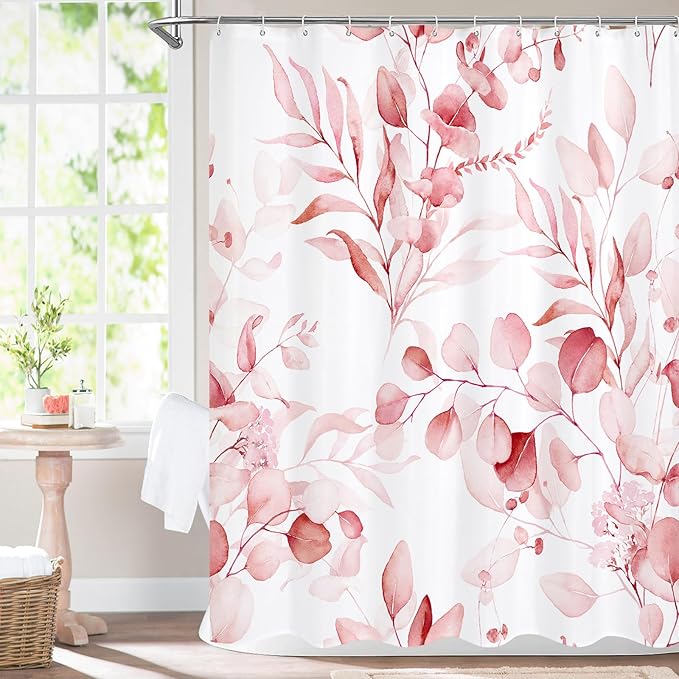 MitoVilla Pink Spring Floral Shower Curtain, Modern Plants Botanical Fabric Cloth Shower Curtains for Chic Elegant Bathroom Decor, Summer Watercolor Eucalyptus Leaf, 72x72