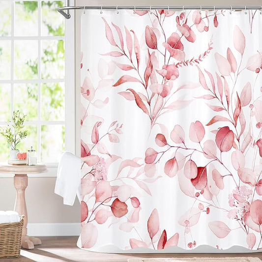 MitoVilla Pink Spring Floral Shower Curtain, Modern Plants Botanical Fabric Cloth Shower Curtains for Chic Elegant Bathroom Decor, Summer Watercolor Eucalyptus Leaf, 72x72