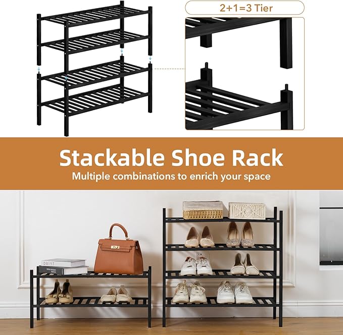 4 Tier Bamboo Shoe Rack Storage Organizer for Closet, Multifunctional Stackable Free Standing Shoe Shelf Organizer for Small Space,Entryway, Hallway, Bathroom27 x11 x26(Black, 4 Tier)