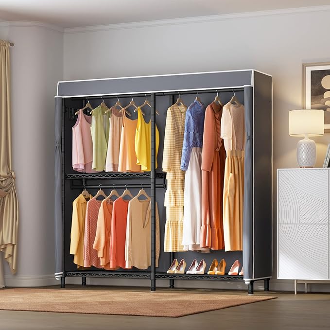 VIPEK V4C Garment Rack with Cover, Heavy Duty Portable Closet Adjustable Metal Clothing Rack for Hanging Clothes with Hanging Rods & Side Hooks, Max Load 810lbs, Black Rack with Grey Cover