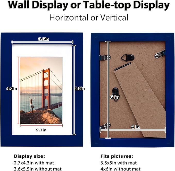 KINLINK 4x6 Picture Frames Navy, Solid Wood Frames with Acrylic Plexiglass for 3.5x5 with Mat or 4x6 without Mat, Tabletop and Wall Display Photo Frame, Set of 4