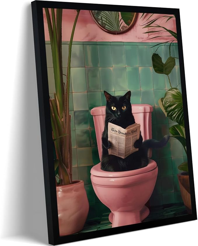 Framed Vintage Cat Canvas Wall Art, Funny Pink Animal Reading Books Painting Picture Print, Cute Kitten Lovers Aesthetic Wall Decor for Nursery Girls Room Bedroom Kids Room 24''L x 16''W