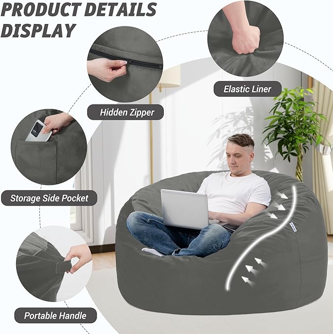 3FT Bean Bag Chair with Ultra Soft Velvet Cover Bean Bag Sofa with Memory Foam Bean Bag Chairs with Large Size Lazy Sofa for Dorm Office Living Room Bedroom Light Grey 3'