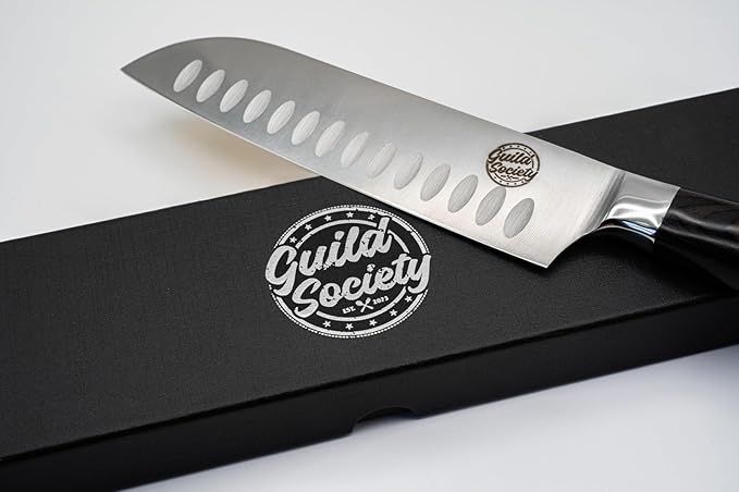 7 Inch Japanese Santoku Knife, Stainless Steel, Ergonomic Pakkawood Handle for Comfort - Sharp Chef Knife for Slicing, Chopping, and Mincing - Perfect for Vegetables, Meat, & Fish