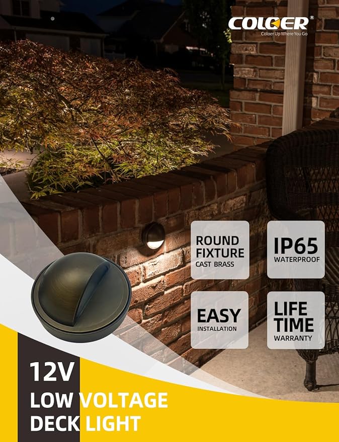 COLOER Die-cast Brass Deck Lights Fixture(Bronze), 12V-24V Low Voltage Landscape Lighting, Outdoor Deck Light for Railing, Deck, Patio, Yard, Garden, Walkway and Driveway(401B,1-Pack Without Bulb)