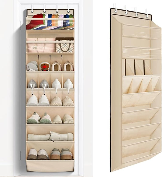 FENTEC 1 Pack Over The Door Shoe Organizer, 68" Exlarge Deep Pockets Hanging Shoe Organizers, 8-Tier Shoe Rack for Closet, Shoe Holder for Boots,Over Door Organizer in Home, RV, Dorm, Beige