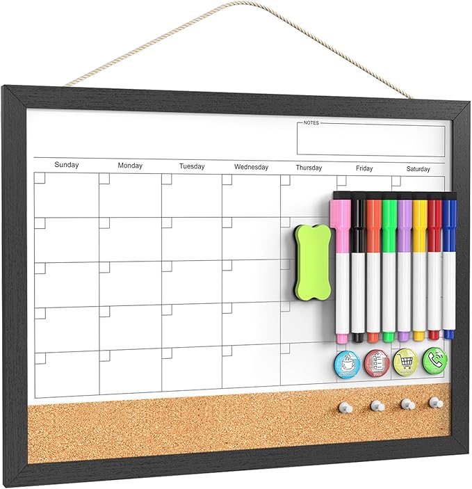Dry Erase Calendar for Wall, 17x13 Inches Calendar Whiteboard for Wall, Small Magnetic White Board Corkboard with Wood Framed, Hanging Dry Erase Board for Kitchen Home Office School Planner