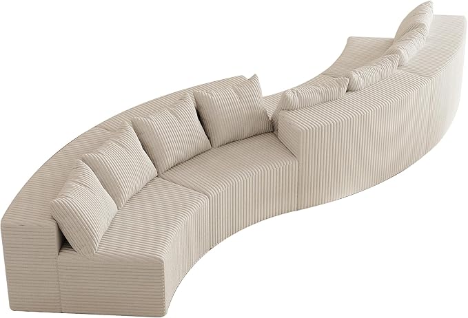 KEIKI Corduroy Curved Sectional Sofa, 4 Seater Symmetrical Modular Semi Circular Couch, Deep Seat Tufted Corner Sofa for Living Room, Lobby, Beige