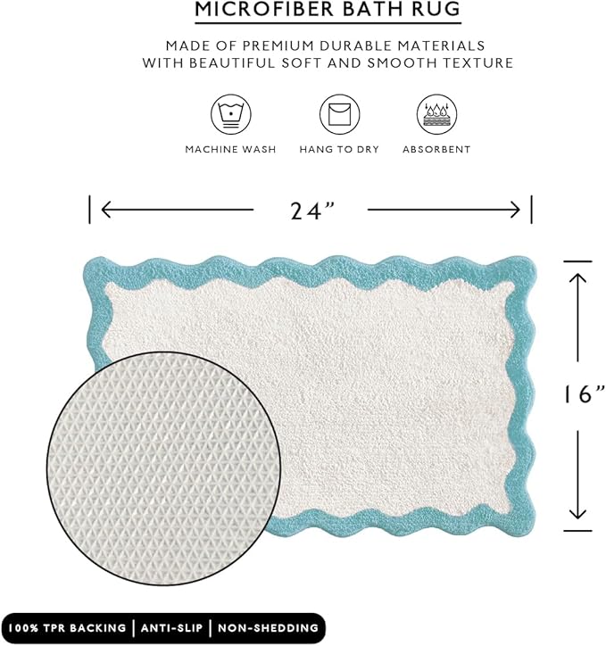 MONDAY MOOSE Bath Mat with Scalloped Wavy Ripple Design, Microfiber Absorbent Non Slip Tufted Rug for Floor, Shower or Kitchen (16x24 inch, Sky Blue)
