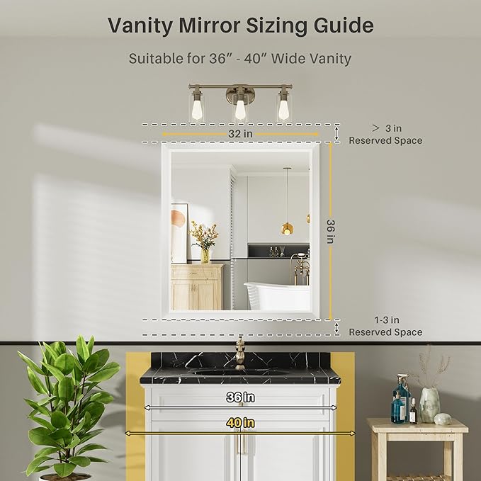 36x32 Inch White Bathroom Mirror for Wall, Thick Metal Framed Rectangle Mirrors for Over Sink, Bedroom, Living Room, Entryway, Anti-Rust, HD Tempered Glass