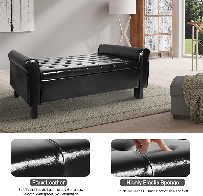 Storage Ottoman Bench with Arms, End of Bed Bench for Bedroom, Button Tufted for Entryway, Living Room,Hallway, Foot Rest (Black)