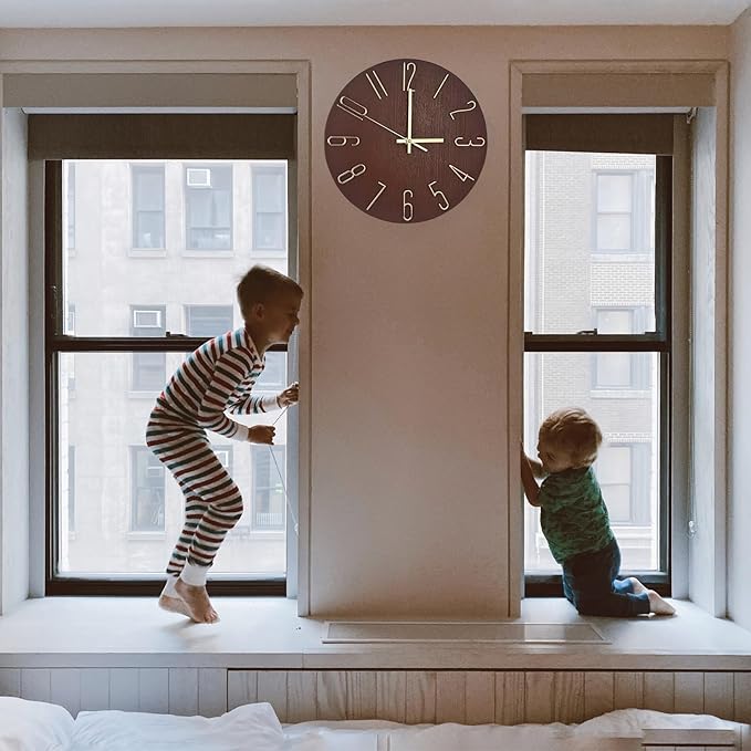 Faupugh 12 inch Silent Wall Clock, Battery Powered Wall Clock Suitable for Home, Office, Kitchen, School, Bedroom, Living Room (Retro Brown)