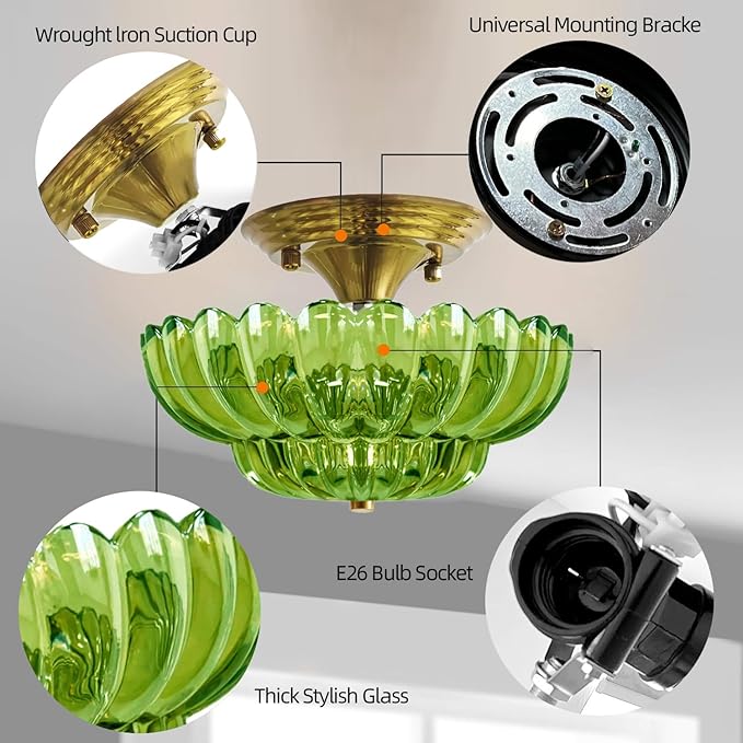 Ceiling Lights Semi Flush Mount Ceiling Light, Modern Gold Ceiling Light with Green Glass,Ceiling Lights Fixture Suitable for Bedroom Dining Room Kitchen Living Room Entryway Hallway