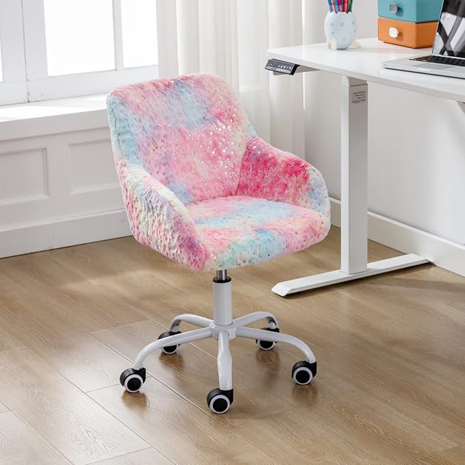 HEAH-YO Swivel Kids Chair with Wheels, Adjustable Kids Desk Chair with Armrest and Back, Cute Faux Fur Kid Study Chairs for Boys and Girls, Light Multi-Colour