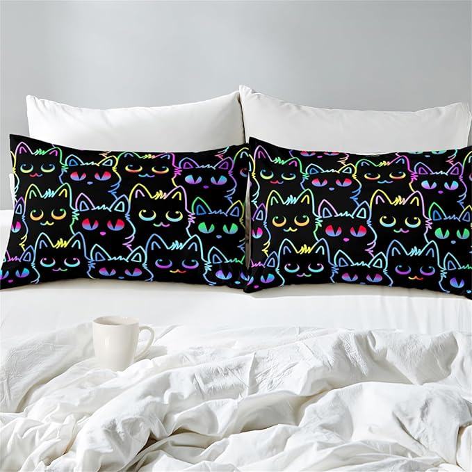 Cats Full Size Comforter Set for Girls - Cartoon Cats Bedding Set for Girls Room Lovely Cats Pattern Girls Bedding Set Soft Breathable Cats Comforter with 2 Pillowcases for All-Season