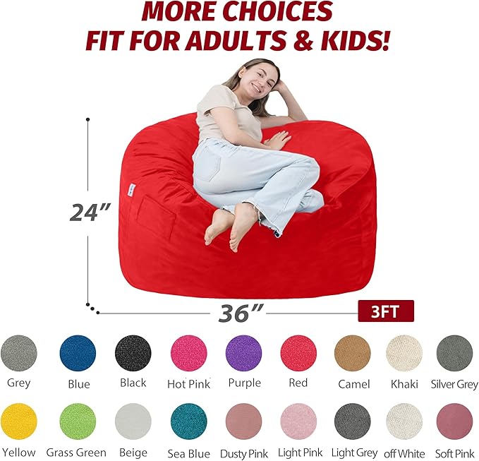 3FT Bean Bag Chair with Ultra Soft Velvet Cover Bean Bag Sofa with Memory Foam Bean Bag Chairs with Large Size Lazy Sofa for Dorm Office Living Room Bedroom Red 3'