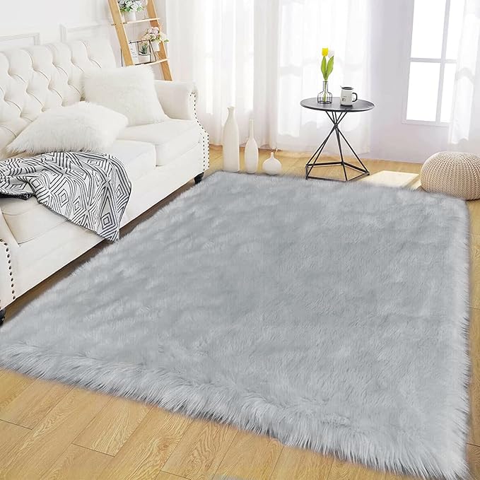 Latepis 5x8 Gray Area Faux Fur Rug for Living Room Sofa Floor Washable Fluffy Rugs Fuzzy Rugs for Bedroom Dorm Luxury Home Decor