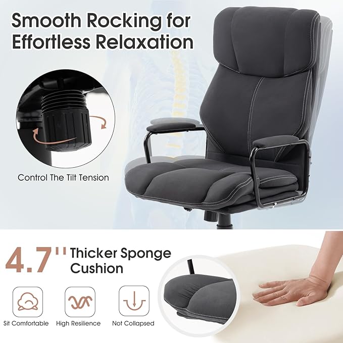 ECOTOUGE Executive Office Chair, Ergonomic Chair with Thick Cushion & Lumbar Support, Computer Chair with Adjustable Height & Armrests, Big and Tall Office Chair, Rolling Swivel Chair,Dark Gray