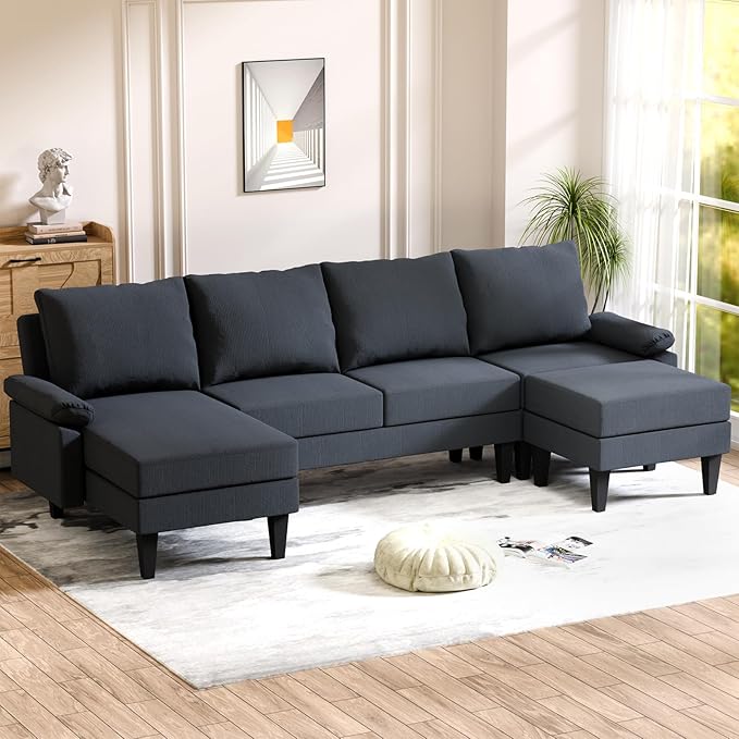 FONTOI U Shaped Sectional Couch, Convertible Modular Sectional Sofa with Chaise & Ottomans, Modern 6 Seat U Shaped Couches for Living Room Apartment, Blue