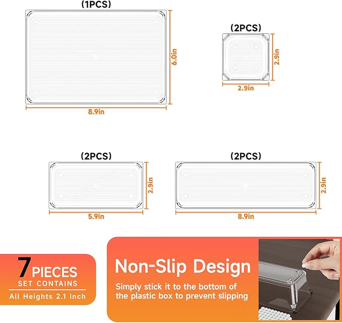 7 Pack Clear Plastic Drawer Organizer Set,4 Sizes Bathroom Drawer Organizers and Storage Bins,Vanity Drawer Organizer for Makeup,Cosmetics,Jewelry,Utensils,Gadgets,Office In Drawer Organizers Trays