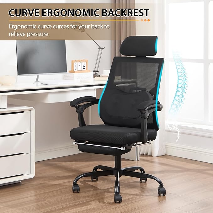 Qulomvs Ergonomic Office Chair with Massage&Heated Lumbar Support, Kneading Massage Office Chair with Foot Rest, Reclining Home Office Desk Chair 90-135 Adjustable Mesh Computer Desk Chair with Wheels