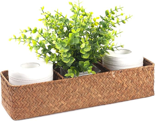 DOKOT Seagrass Toilet Tank Basket with 3 Section, Bathroom Toilet Paper Storage Baskets for Organizing (Natural)