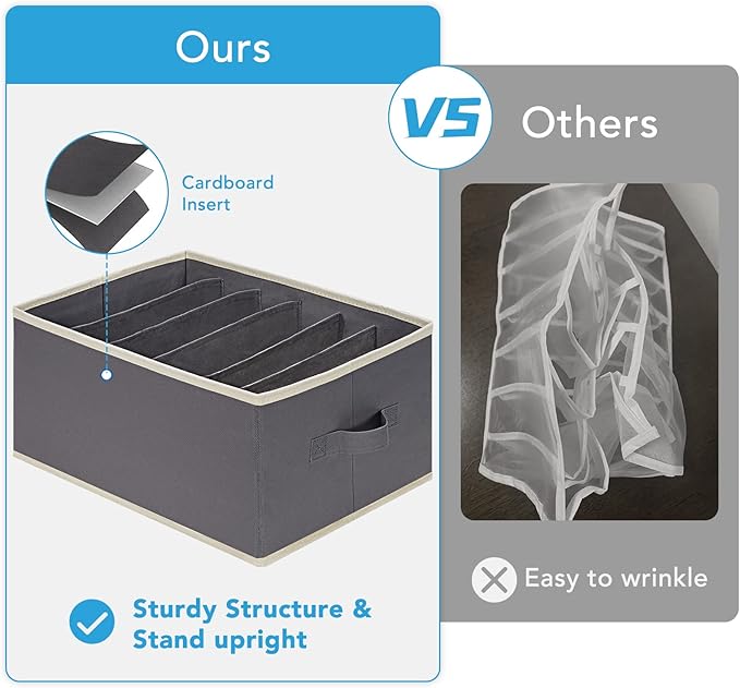 6 Pcs Large Size Wardrobe Clothes Organizers 6 Grids for Pants, Jeans, Sweater, T-shirt, Dress Stackable Closet Drawer Organizer Storage Bin Container with Sturdy Handles, Dark Grey