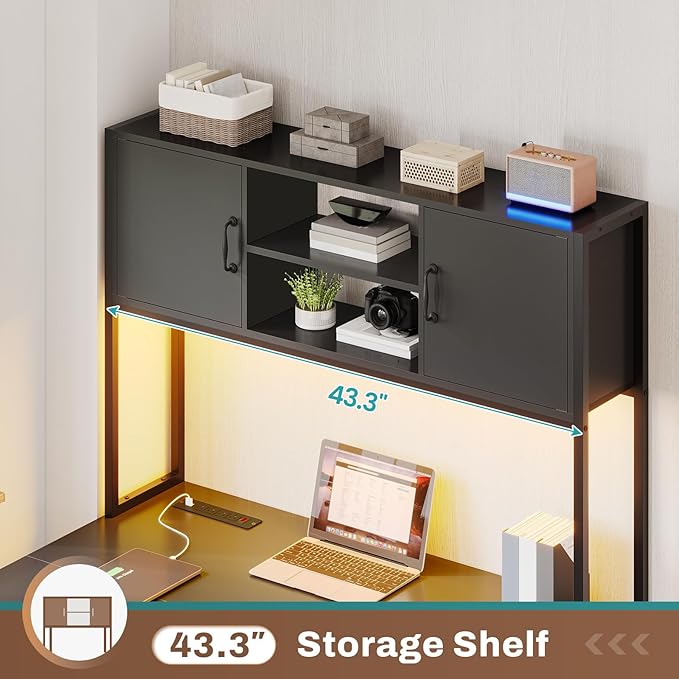 SEDETA Corner Computer Desk, Reversible L Shaped Computer Desk with Fabric Drawers and Power Outlet, Gaming Desk with Led Lights, Hutch and Storage Shelf for Home Office, Black