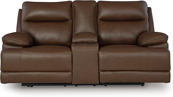 Signature Design by Ashley VonRyan Modern Leather Match Power Reclining Loveseat with USB Ports, Dark Brown