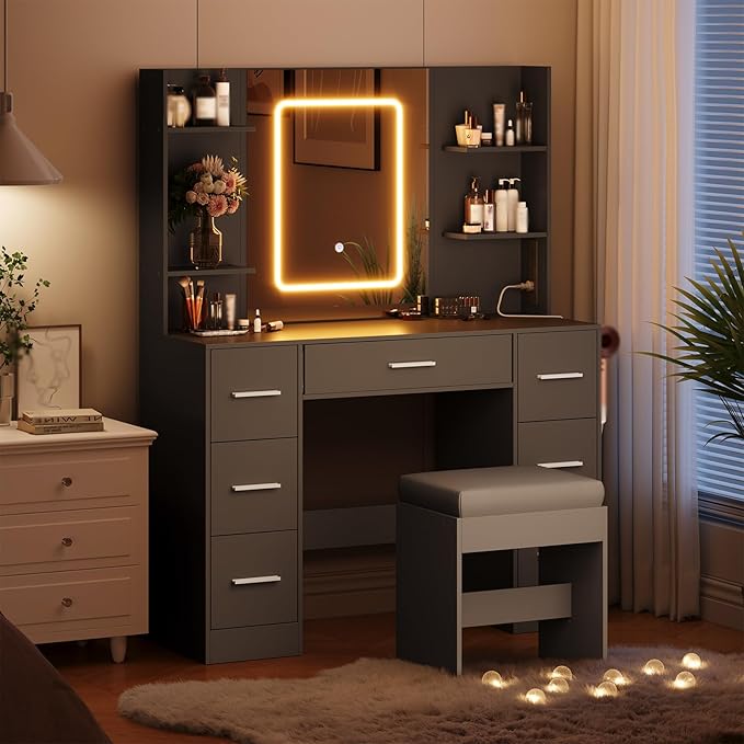 Hetoy Vanity Desk with Mirror and Lights - Makeup Vanity Desk with Chair - Dressing Table with 7 Drawers and Hair Dryer Rack for Bedroom