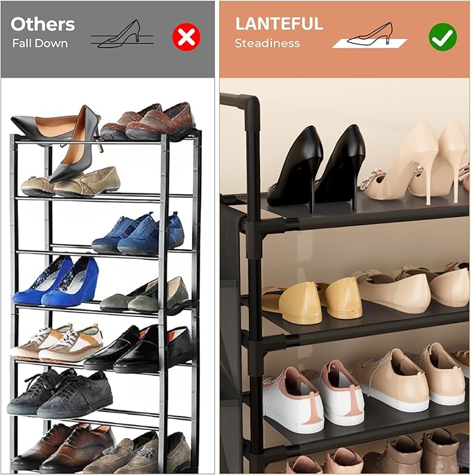 6 Tier Shoe Rack, Shoe Organizer Storage for 24-30 Pairs Shoe and Boot, Long Shoe Shelf with Hook and Side Pocket Free Standing Tall Shoe Rack Organizer for Closet, Entryway, Dorm