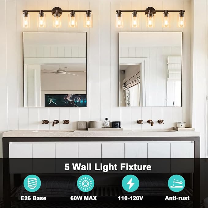 Bathroom Light Fixtures Wall Sconce Light with Clear Glass Oil Rubbed Bronze 5 Lights Bathroom Lighting Over Mirror Vanity Lights for Living Room,Bedroom,Restroom,Hallway E26 Base