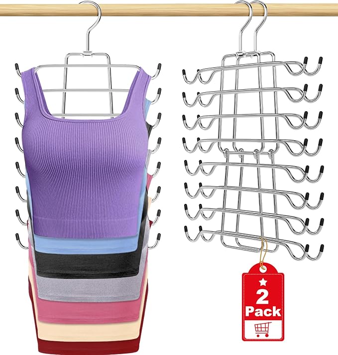 2Pcs Tank Top Hangers Space Saving Hanger Organizer Bra Hangers for Closet Organizer 360° Rotating Metal Closet Organizers and Storage Lingerie Hangers for Cami Bras Belts Swimsuits Lingeries Silver