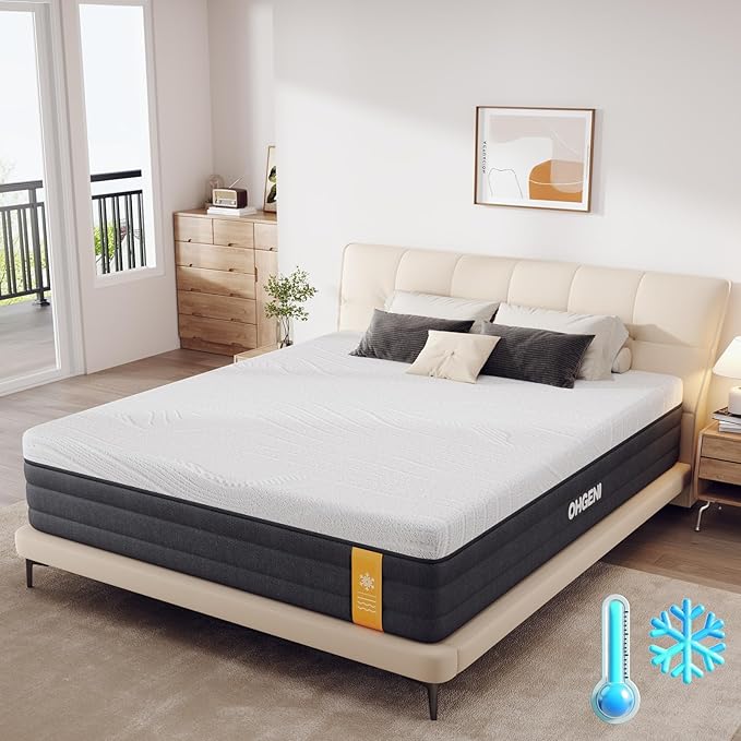 OhGeni 8 Inch Full Size Mattress, Cooling Gel Memory Foam Bed Mattresses in a Box, Cool Touch Surface, Ergonomic Support & Pressure Relief, Medium Feel, CertiPUR-US Certified Foam, Designed in USA