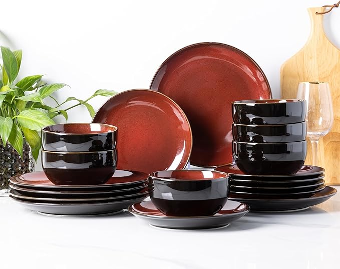 LeRatio Ceramic Dinnerware Sets for 6,Stoneware Plates and Bowls Sets,Handmade Reactive Glaze Dishes Set,Chip Resistant and Scratch Resistant | Oven&Dishwasher & Microwave Safe,Service for 6-Red