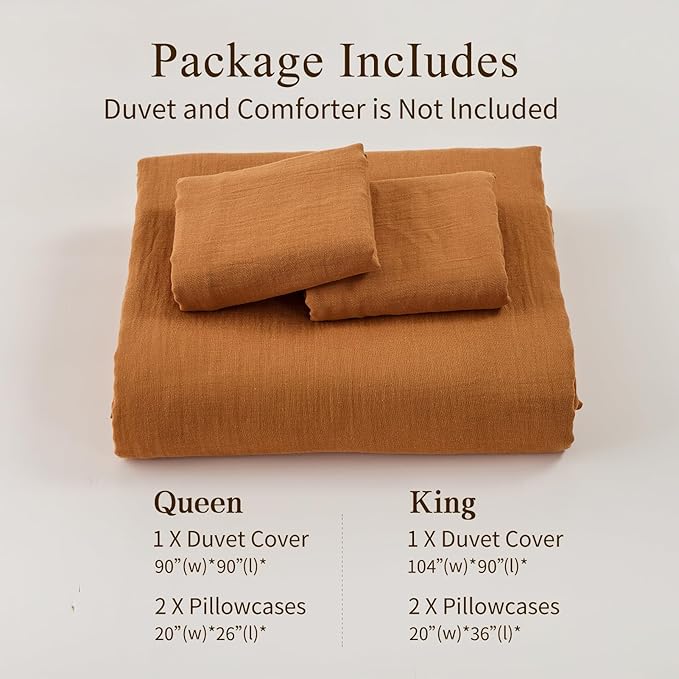 MEISHANG Muslin Duvet Cover Queen Size - 100% Organic Cotton, Soft Textured Gauze Weave Comforter Cover for Breathable All-Season with Zipper Closure - 3 Piece Set (Queen, Brown)