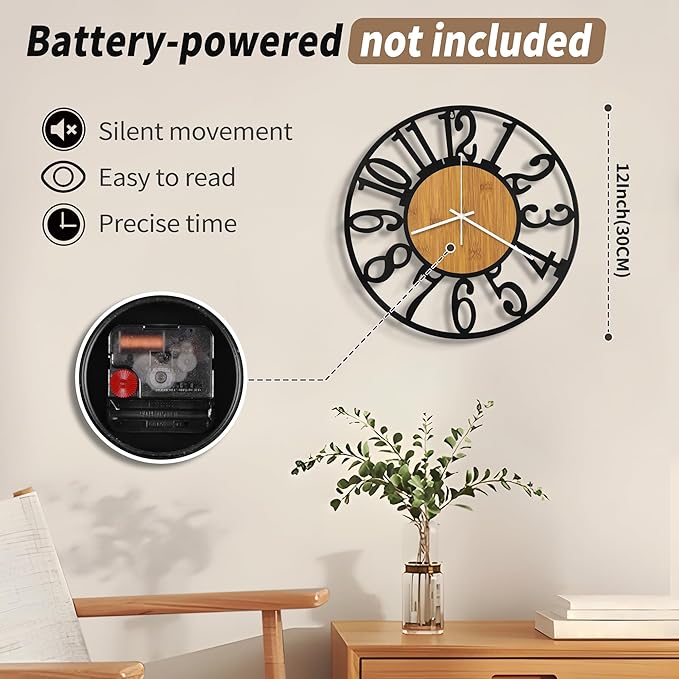 Maxstar Wall Clock Battery Operated,Silent Non-Ticking Modern Rustic Metal Round Clocks Small for Living Room/Bedroom/Office/Kitchen/Farmhouse Home Decor-12 Inch(Yellow-Wood)