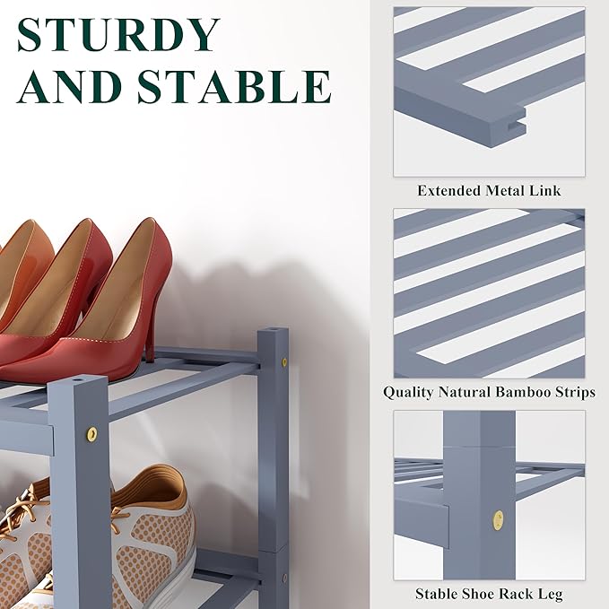 Smiry Bamboo Shoe Rack for Closet, 5 Tier Wooden Stackable Shoe Organizer, Free Standing Shoes Storage Shelf for Entryway, Front Door Entrance, Grey