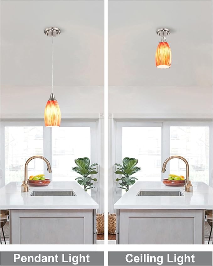 Glass Pendants Lights Kitchen Island Handcrafted Art Glass Mini Pendant Light Fixtures Oval Pendant Light Shade with Brush Nickel Finish Adjustable Cord for Kitchen Over Sink,Hallway,Dining/Bath