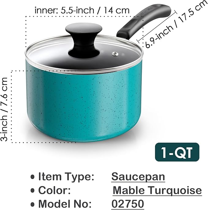 Cook N Home Non Stick Sauce Pan, 1 Quart Saucepan with Glass Lid, Nonstick Small Multi-purpose Pot, Milk Chocolate Aluminum Cooking Pot Pan with Stay-Cool Handle, Turquoise