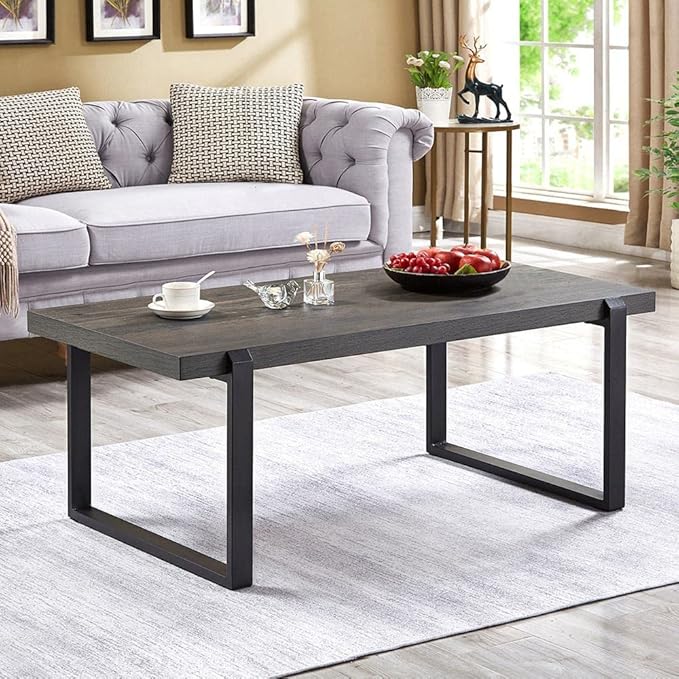 EXCEFUR Modern Coffee Table, Rustic Wood and Metal Center Table, Rectangle Cocktail Tea Table for Living Room, Grey, 44 Inch