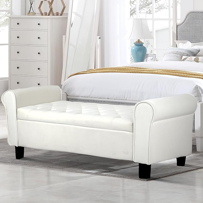 Storage Bedroom Bench for End of Bed, Upholstered Storage Ottoman with Rolled Arms for Bedroom,Living Room, Entryway.