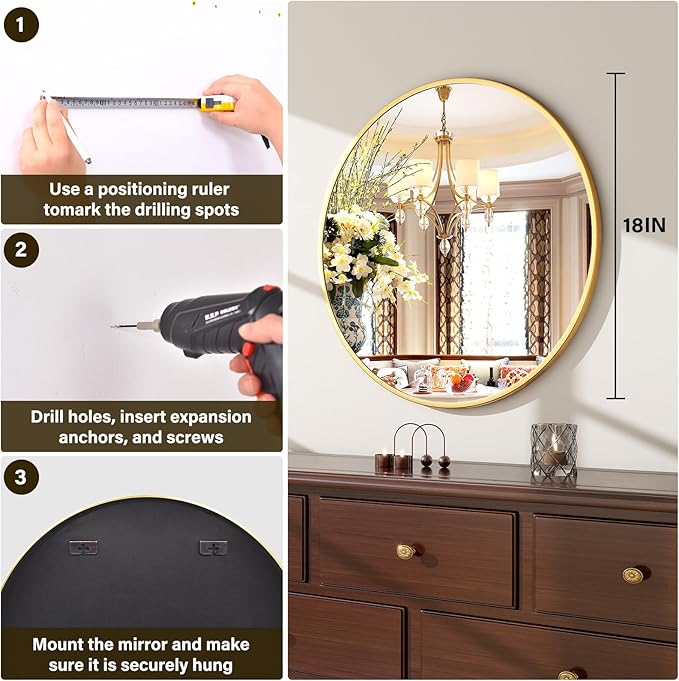 18 Inch Round Gold Metal Wall Mirror - Stylish Circle Mirror for Entryway, Bathroom, and Living Room Decor | Matte Gold Circle Wall Mirror